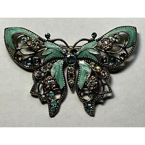 Nina Ricci For Avon Butterfly Brooch Turquoise Enamel Blue Clear Rhinestones